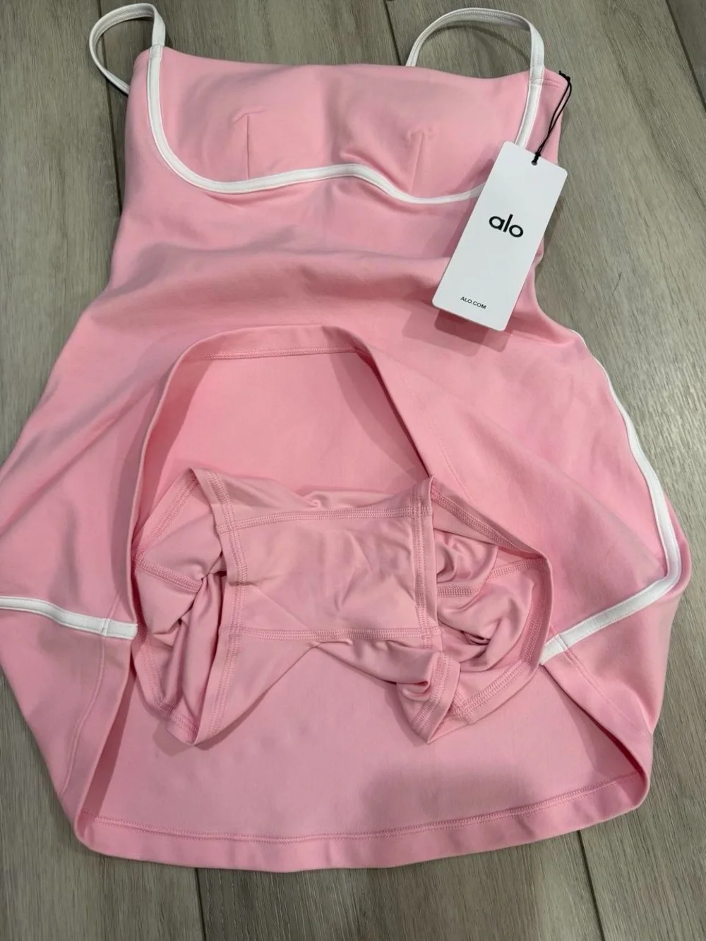 ALO Airbrush Streamlined Mini Dress in Pink Marshmallow with Contrast White Trim